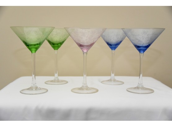 5 Etched Colored Martini Glasses