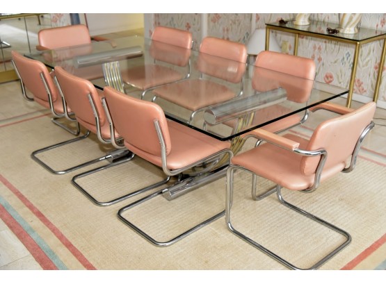 MCM Chrome Base /beveled Glass Top Dining Table With 8 Stendig Chrome Frame Chairs And Carpet