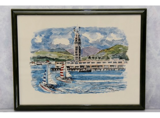 Aloha Tower Framed Water Color 17 X 13
