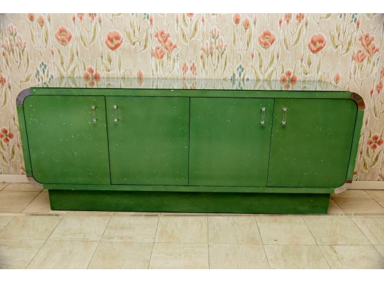 MCM Foam Green Credenza Cabinet With Custom Glass Top 80 X 18.25 X 32.5