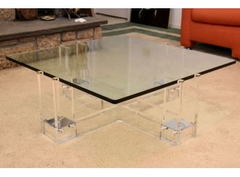 Beveled Glass And Lucite Base MCM Coffee Table 38 X 38 X 14