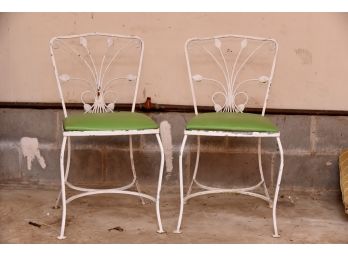 Pair Of Wrought Iron White Painted Outdoor Chairs With Green Cushions