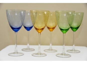 6 Etched Colored Wine Glasses