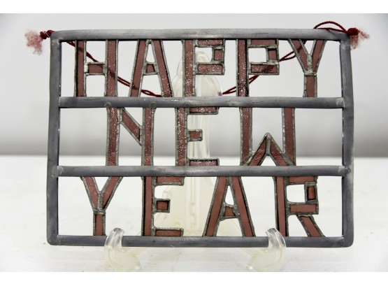Vintage Leaded Stained Glass Panel 'Happy New Year'