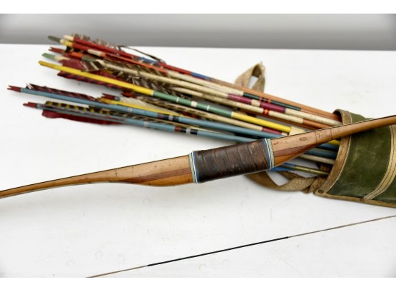Antique Bow And Arrows With Real Animal Feathers