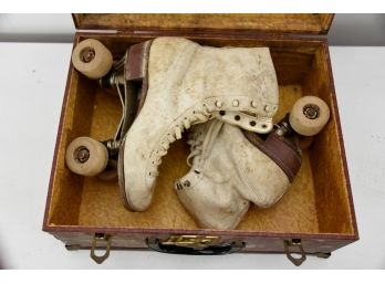 Antique Wooden Wheel Roller Skates With Carry Case