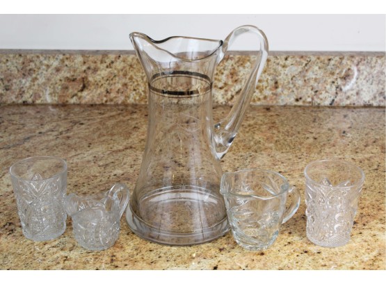 Etched Pitcher & Cut Glass Drinking Glasses