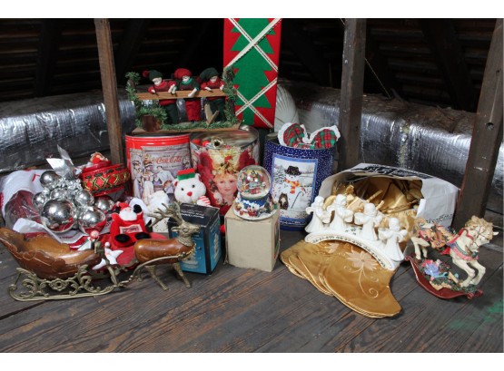 Christmas Lot 5 Including Large Assortment Of Stockings & Carved Wood/Brass Reindeer With Sleigh