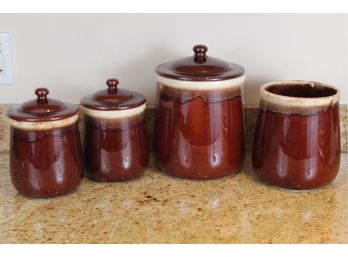 Set Of Vintage McCoy USA Brown Drip Glaze Canister Jars (One Missing Lid)