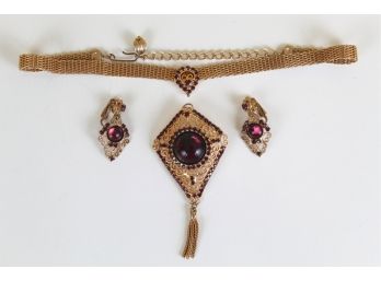 Matching Gold Colored Necklace, Earrings & Brooch With Purple Gems