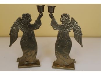 Pair Of Vintage Brass Angel Candle Holders