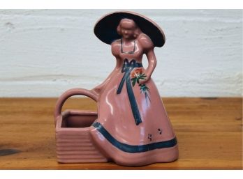 Vintage Pink Porcelain Woman With Flowers Basket Holder