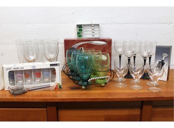 Assortment Of Drinking Glasses With Corkscrews & Accessories