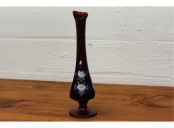 Vintage Hand Painted Ruby Fenton Glass Bud Vase Signed By Frances Burton