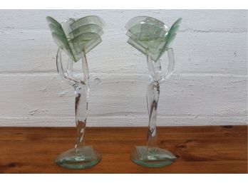 Pair Of Vintage Glass Candlestick Holders