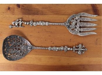 Vintage Ornate Baroque-Style Ugo Bellini Serving Fork & Spoon With Cherubs & Lion