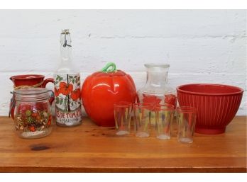 Assortment Of Tomato Themed Glassware, Jars, Pitcher & Bowl