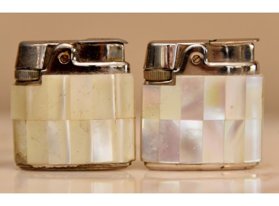 Pair Of Ronson Mother Of Pearl Vintage Petite Table Lighters