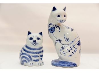 Pair Of Blue And White Ceramic Cats