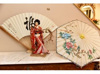 Geisha, Rice Paper Fan And Rice Paper Umbrella