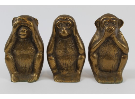 Set Of Three Wise Monkeys Brass Figurines 'See No Evil, Hear No Evil, Speak No Evil' Made In Korea