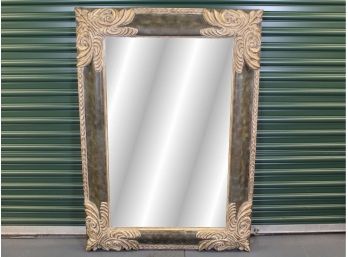 Large Beveled Mirror With Distressed Green Frame & Beige Carved Corners (Paid $1,476) 38'L X 2.5'W X 54'W