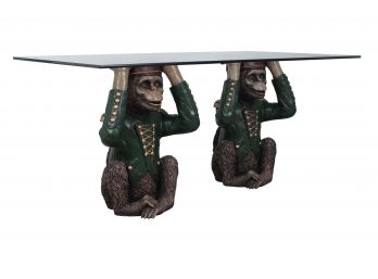 Vintage Dezine Hand Painted Dual Bellhop Monkey Pedestal Glass Coffee Table 47'L X 26'W X 22'H