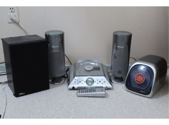 Memorex CD Player, Fellowes Disc Holder, Design Acoustics Speaker