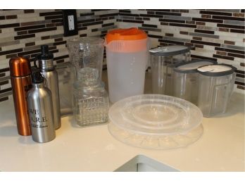 Kitchen Grouping Including Pitchers, Bottles, Glass Jar & Vase