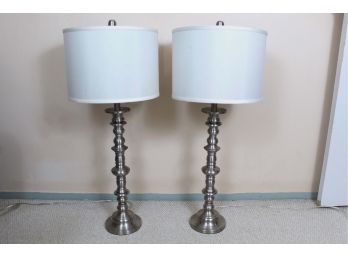 Pair Of Brushed Silver Table Lamps 33'H