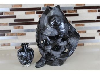 Black Ceramic Two Piece Fish Votive Candle Holder & Petitie Vase