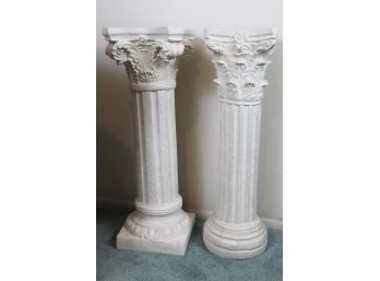 Pair Of White Greek Style Corinthian Column Plant Stands