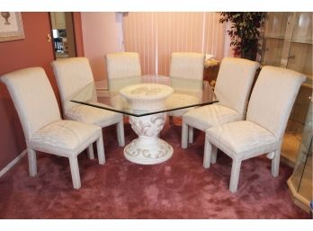 Glass Top Pedestal Dining Table With 6 Upholstered Guardsman Furniture Chairs