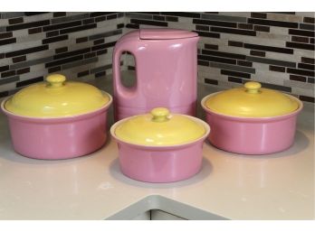 Vintage Hall Pottery Pink Pitcher & Yellow Lidded Casserole Dishes