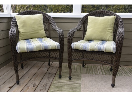 Pair Of Outdoor Resin Wicker Side Chairs With Cushions