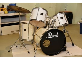 Vintage White Pearl Export 5 Piece Drum Set With Cymbals, Stools And Sticks