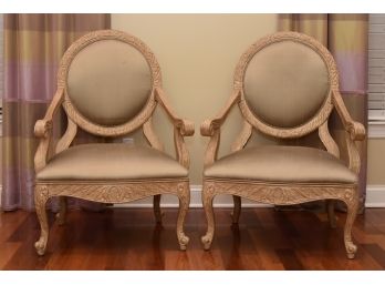 Pair Of Ornate Carved Silk Side Chairs 30 X 30 X 43
