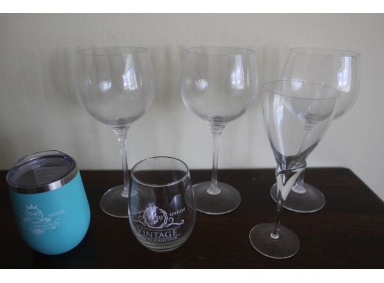 4 Stem Wine Glasses, 1 Stainless Hot/Cold Cup & 1 Stemless Red Wine Glass
