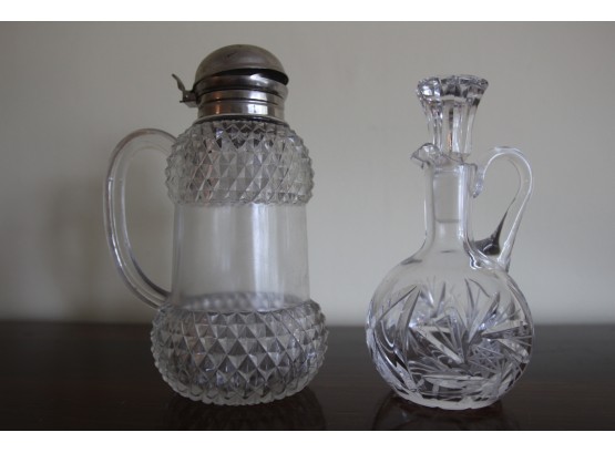 Antique Glass & Silver Plate Syrup Bottle, Vintage Glass Oil & Vinegar Cruet