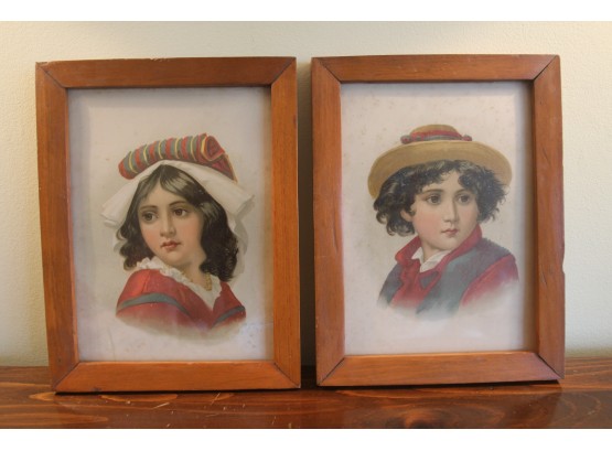 2 Vintage Paintings Of A Boy & A Girl