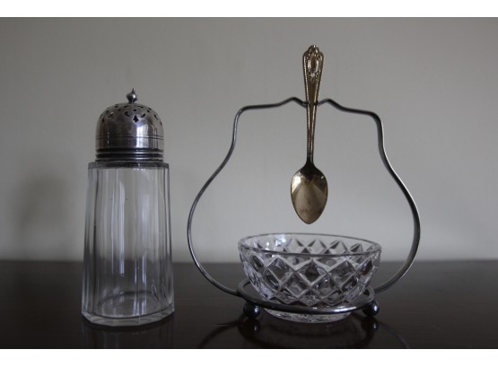 Antique Glass & Silver Plate Sugar Shaker & Vintage Glass Jelly Dish W/Silver Plate Stand