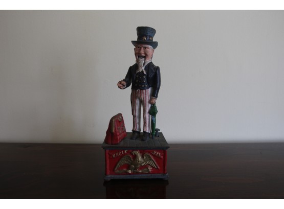 Vintage Cast Iron Uncle Sam Mechanical Bank Made In Taiwan