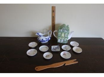 9 Butter Pats, Gravy Boat & Decorative Tea Pot