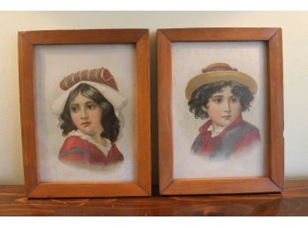 2 Vintage Paintings Of A Boy & A Girl