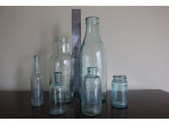 6 Assorted Vintage Light Green Bottles