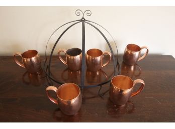6 Copper Mugs & Wrought Iron Rack
