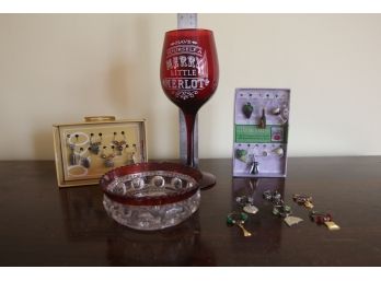 Christmas Wine Glass, 3 Sets Of Wine Glass Charms & Ruby Thumb Print Candy Dish
