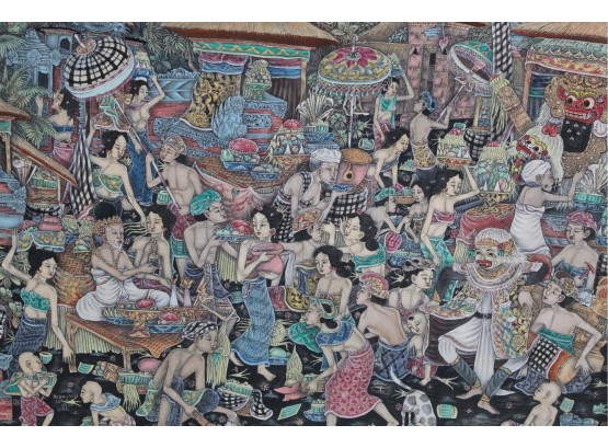 Traditional Balinese Indonesian Village Life Canvas Art 27.5' X 20.5'