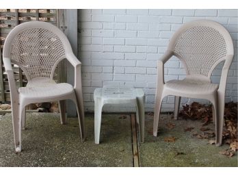 Pair Of Beige Outdoor Plastic Chairs With Side Table 22'L X 16'W X 36'H