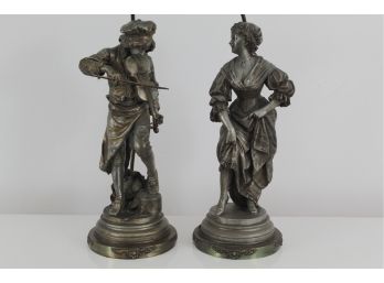 Large Antique Violin Boy & Dancing Girl Lamps (Total Height 36')
